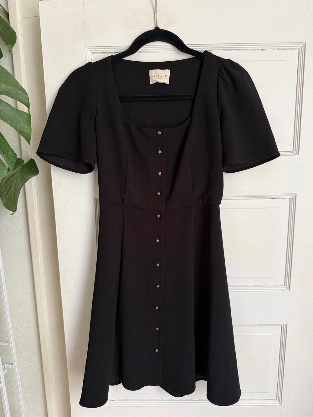 Sezane Black Button-Front Mini Dress